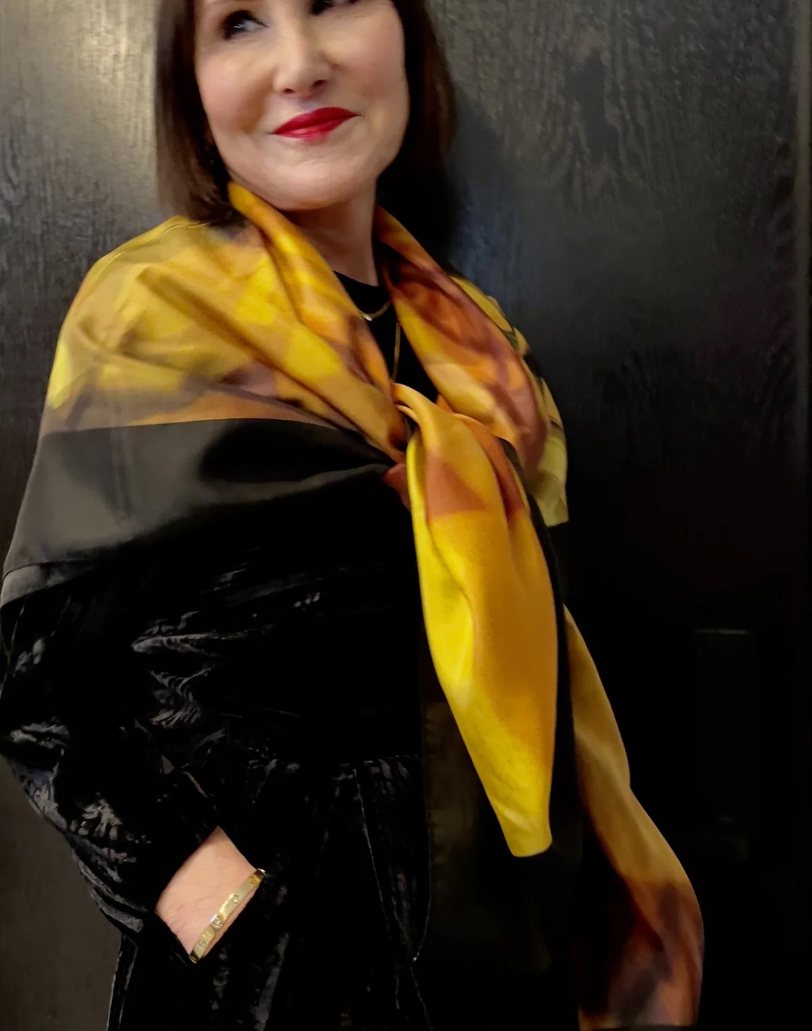 Marcia wearing Vienna as a shawl